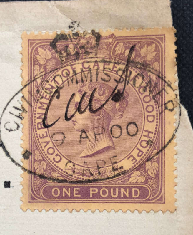 STAMP 1900 GOVERNMENT OF THE CAPE OF GOOD HOPE ONE POUND REVENUE ON ORIGINAL DOCUMENT