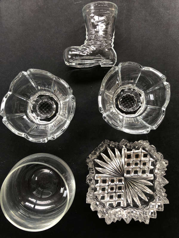 GLASS COLLECTION, VINTAGE BOOT TOT MEASURE, CRYSTAL NICK NACK HOLDER, 2 TABLE CANDLE HOLDERS & VASE