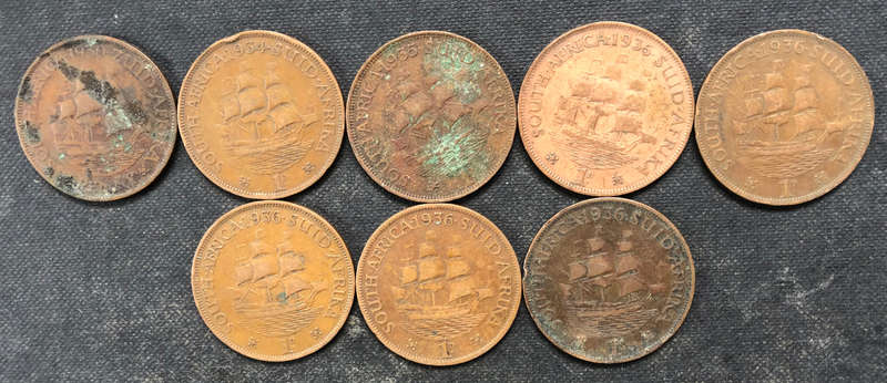 PENNY 1930 1934 1935 x 2 1936 x 4 UNION OF SOUTH AFRICA COLLECTION OF 8 COINS