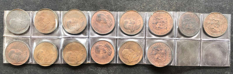 TWO CENT 1965 1966 1967 1968 1969 1970 1971 1972 SOUTH AFRICA ENGLISH AFRIKAANS VARIATIONS 14 IN ALL