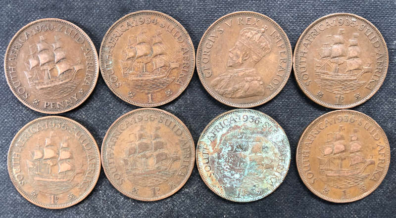 PENNY 1930 1934 x 2 1935 1936 x 4 UNION OF SOUTH AFRICA COLLECTION OF 8