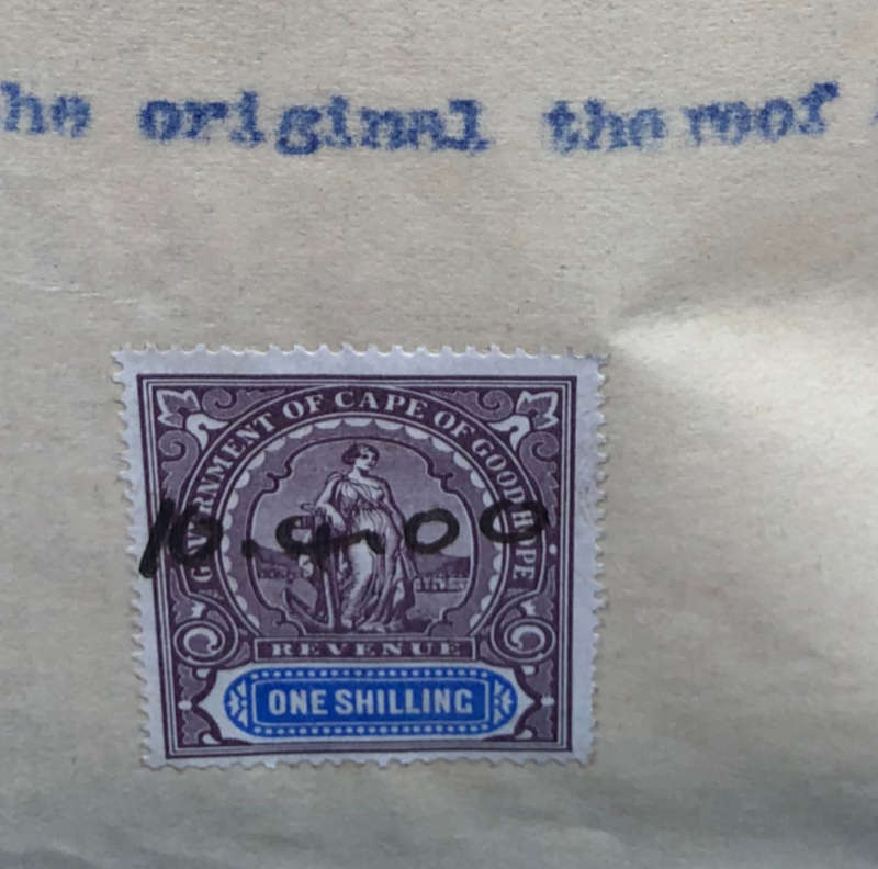 STAMPS 1900 CAPE OF GOOD HOPE TEN, FIVE AND ONE SHILLING REVENUE ON GOLD CLAIMS DOCUMENT
