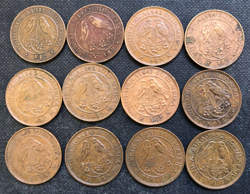 FARTHINGS 1941-1952 COINS UNION OF SOUTH AFRICA COLLECTION 12 GEORGE VI