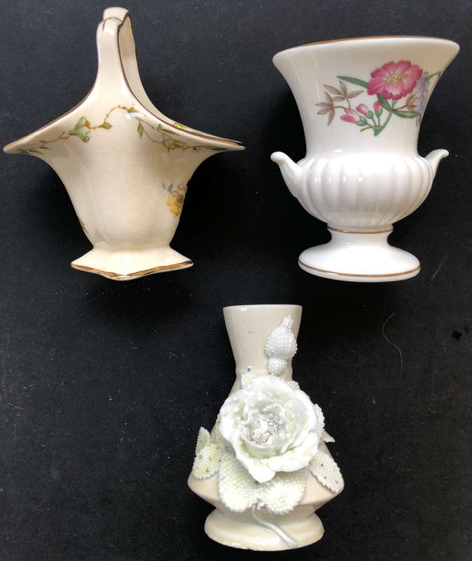 WEDGWOOD BONE CHINA URN VASE, ROYAL WINTON BASKET VASE AND UNMARKED VASE