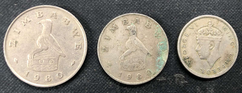 SOUTHERN RHODESIA 1947 SHILLING, ZIMBABWE 1980 50 CENTS AND ZIMBABWE 1980 $1