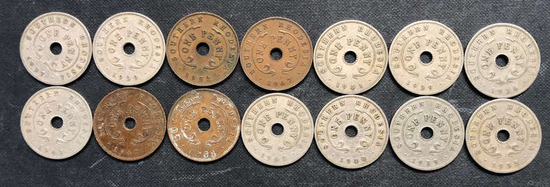 COLLECTION OF 14 SOUTHERN RHODESIAN PENNIES DATING FROM 1935 TO 1952