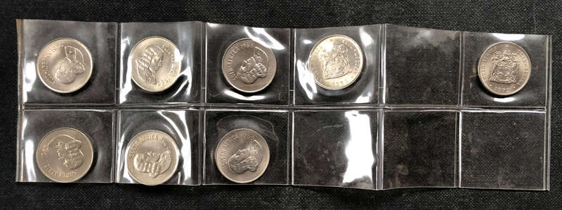 TEN CENTS SOUTH AFRICA 1965 1966 1970 1972 ENGLISH AND AFRIKAANS VERSIONS IN COLLECTORS HOLDER