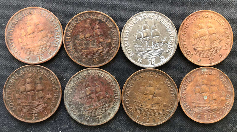 PENNY 1941, 1942 x 3, 1945, 1950 - 1952 COLLECTION OF 8 UNION OF SOUTH AFRICA COINS