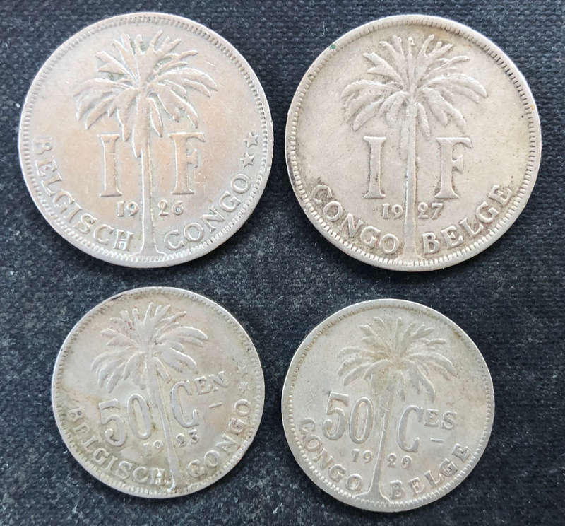 Belgian Congo 1923 1926 1927 1929 One Franc and Fifty Cent Coins Collection of 4