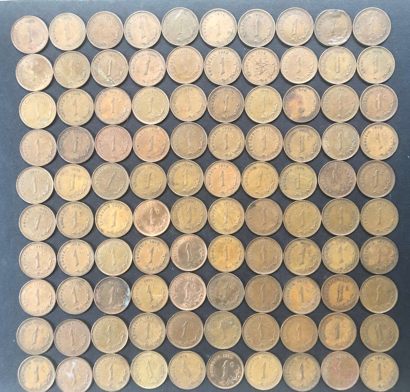 RHODESIA 1970 1971 1972 1973 1974 1975 1976 1977 1 Cent Collection of 100