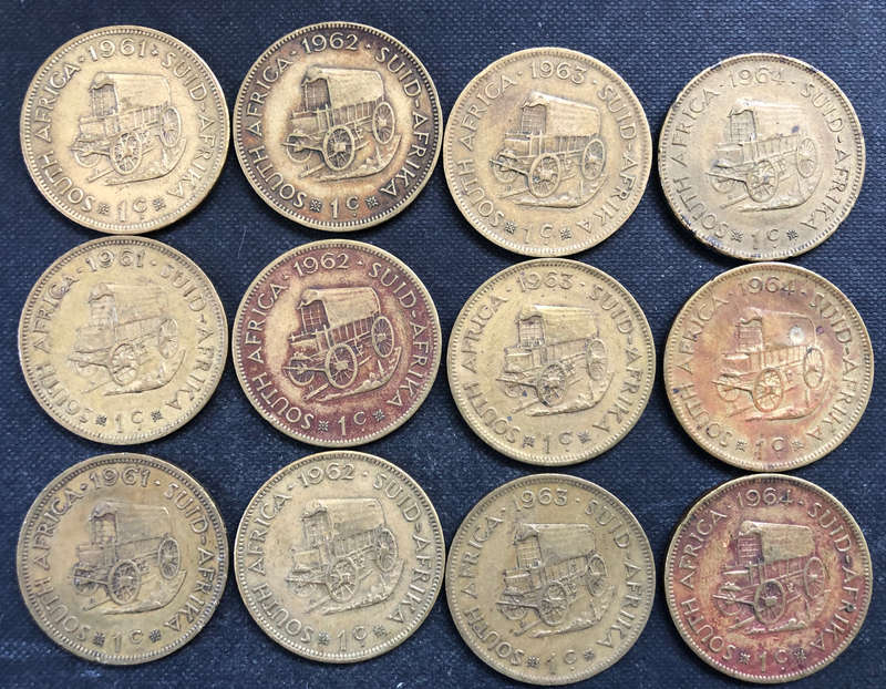 ONE CENTS SOUTH AFRICAN COLLECTION 12 COINS  COMPRISING 1961 x 3, 1962 x 3, 1963 x 3 AND 1964 x 3
