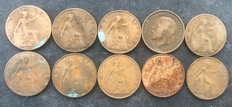 PENNY BRITISH 1912, 1916, 1917 x 2, 1918, 1919, 1920 x 2, & 1921 x 2 GEORGE V COLLECTION OF TEN