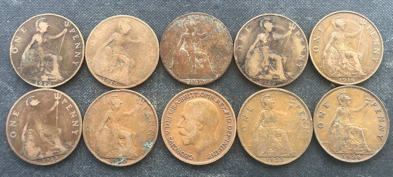 PENNY BRITISH 1912, 1915, 1916, 1917, 1918, 1919, 1920 x 2, 1927 & 1936 GEORGE V COLLECTION OF TEN