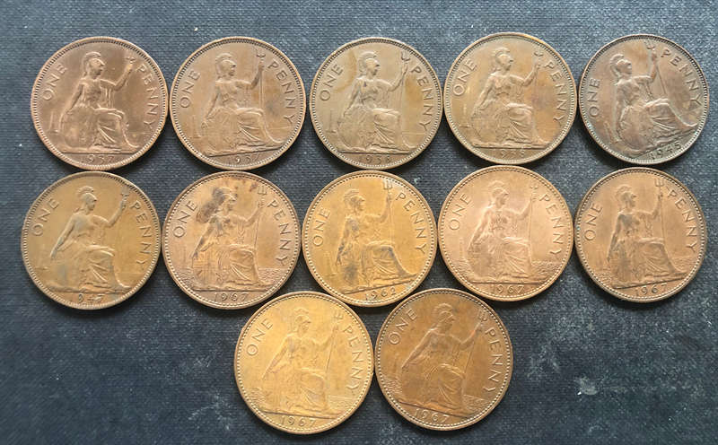 BRITISH PENNY, 1937 x 2, 1938 x 2, 1945, 1947, 1962 & 1967 x 5 COLLECTION OF 12