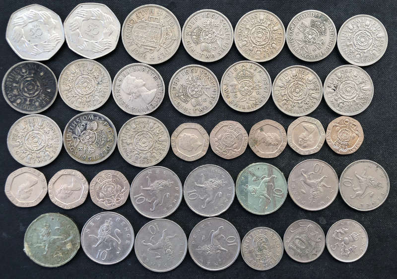Britain 50 Pence Half Crown Two Shillings 20 Pence 10 Pence One Shilling Collection of 37 Coins
