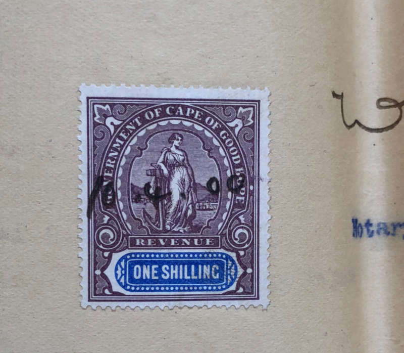 STAMPS 1900 CAPE OF GOOD HOPE TEN, FIVE AND ONE SHILLING REVENUE ON GOLD CLAIMS DOCUMENT