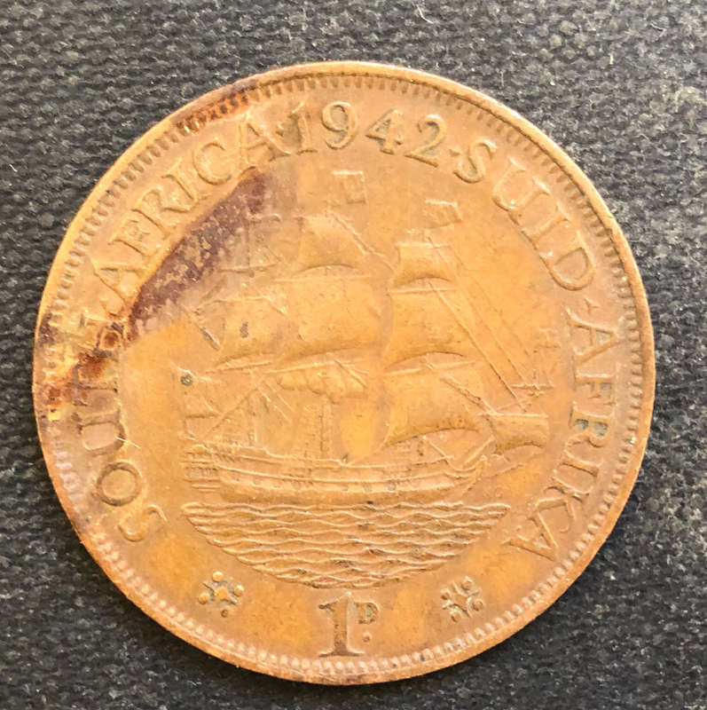 PENNY 1942 ERROR DIE CRACK UNION OF SOUTH AFRICA COIN