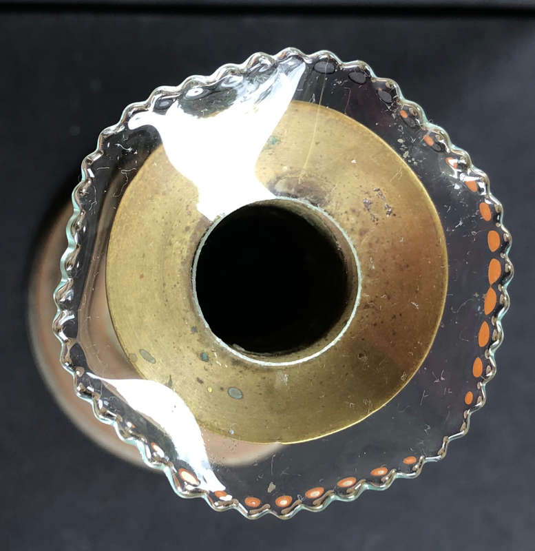 CANDLESTICK BRASS BARLEY TWIST ON CIRCULAR BASE WITH TYPICAL GLASS WAX CATCHER OF THE PERIOD