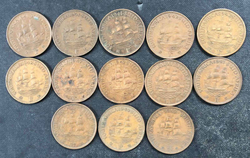 Penny 1941 x 3 1942 x 6 1943 x 2 1945 1952 UNION SOUTH AFRICA COLLECTION OF 13 COINS
