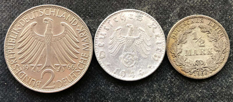 GERMANY 1906 1944 1966 1/2 Heller Silver 50 Pfennig 2 Mark Collection of 3 Coins