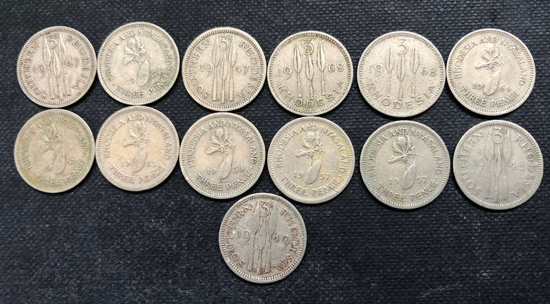 SOUTHERN RHODESIA 3 PENCE, 2 x 1947, 1 x 1948, 1 x 1949, RHODESIA 2 x 1968, RHODESIA & NYASALAND x 7