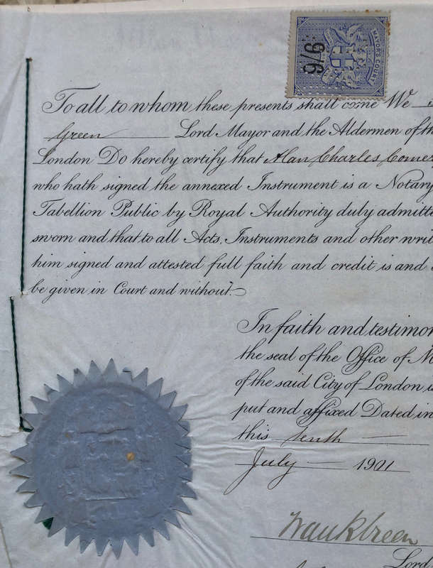 STAMP 1901 MAYORS COURT 9/6 SEAL AND GREAT BRITAIN ONE SHILLING REVENUE AND SEAL ON DOCUMENT