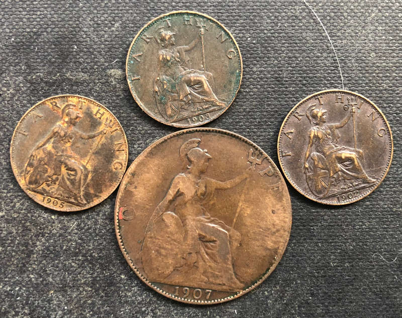 PENNY 1907 FARTHING 1902 1903 1905 UK COLLECTION OF 4 COINS