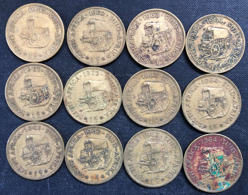 ONE CENTS SOUTH AFRICAN COLLECTION 12 COINS  COMPRISING 1961 x 3, 1962 x 3, 1963 x 3 AND 1964 x 3