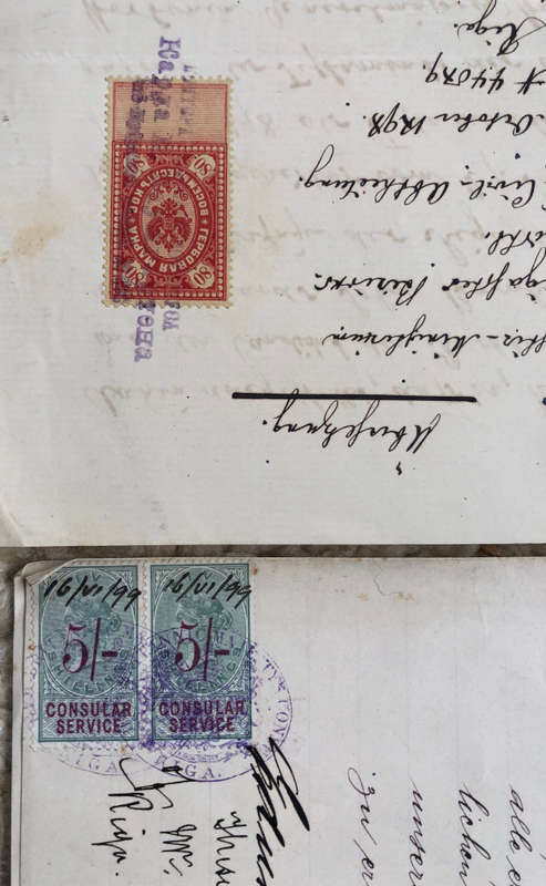 STAMPS (5 IN ALL) ON 1899 DOCUMENT GENERAL WILHELM BARON VON NOLCKEN PAIR 5/- OVERPRINT.............