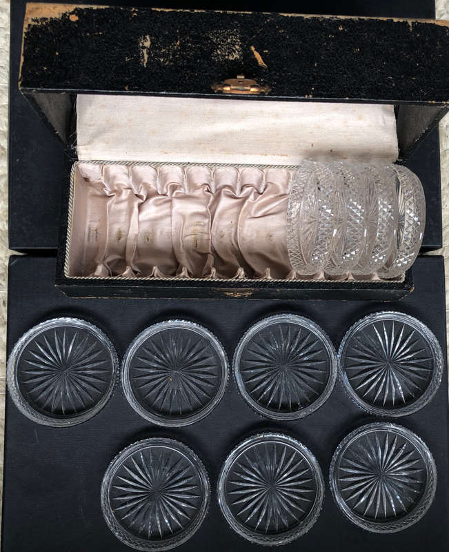 COASTERS CRYSTAL CUT GLASS ELEVEN IN ORIGINAL SATIN LINED BOX CIRCA 1930