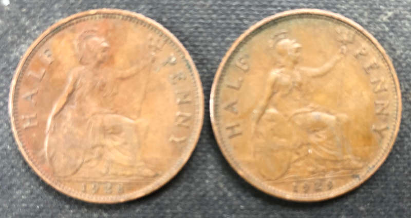 HALF PENNY 1928 AND 1929 BRITAIN COLLECTION OF TWO