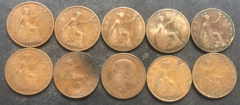 PENNY BRITISH 1913, 1916, 1917 x 2, 1918, 1919, 1921 x 2, 1920 & 1929 GEORGE V COLLECTION OF TEN