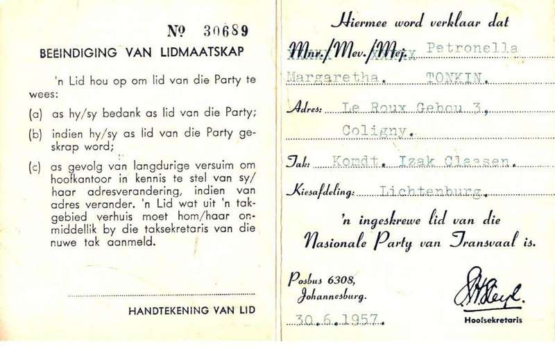 Lidmaatskapkaart van die Nasionale Party van Transvaal