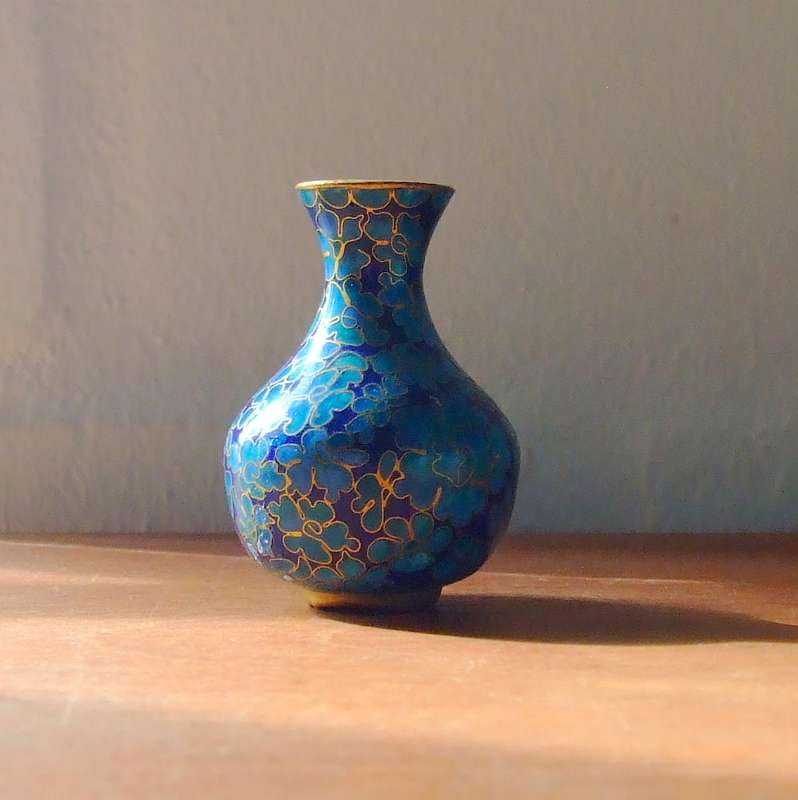 Exceptional vintage brass and blue enamel miniature cloisonne vase.