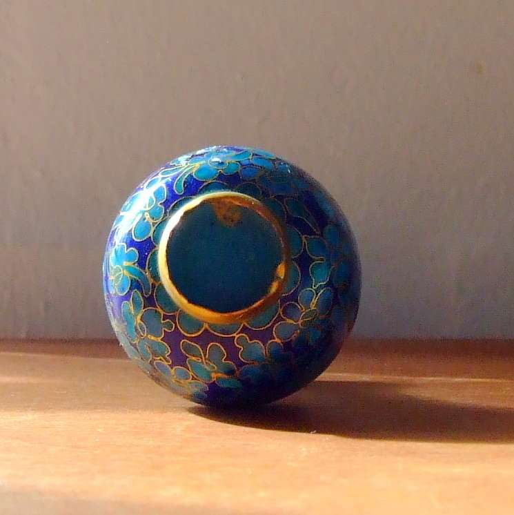 Exceptional vintage brass and blue enamel miniature cloisonne vase.