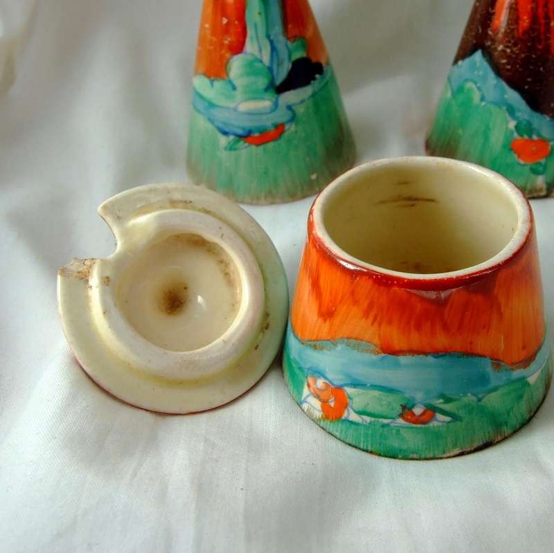 Rare Clarice Cliff salt, pepper and mustard pot Cruet set, Bizarre Forest Glen pattern