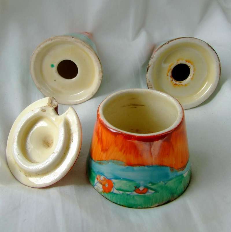 Rare Clarice Cliff salt, pepper and mustard pot Cruet set, Bizarre Forest Glen pattern