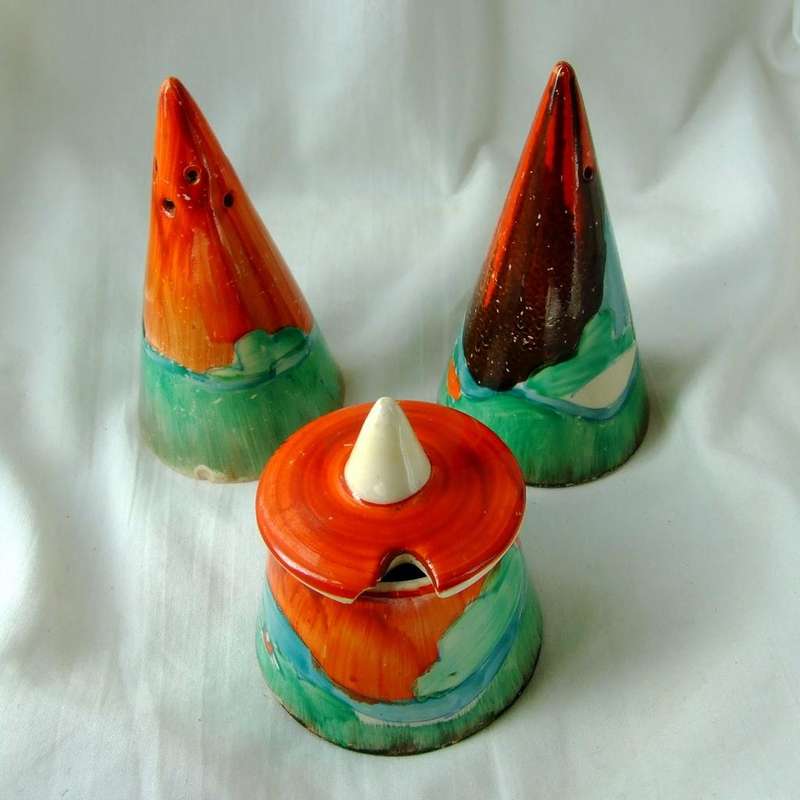 Rare Clarice Cliff salt, pepper and mustard pot Cruet set, Bizarre Forest Glen pattern