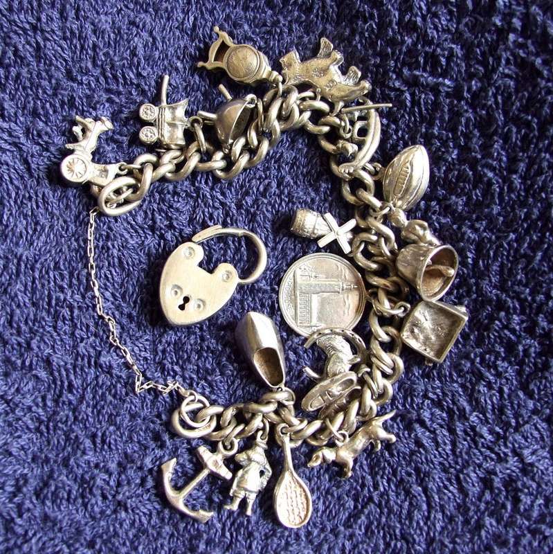 Silver Charm Bracelet - 78g, 20 charms, 190mm long