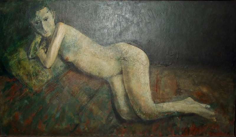 Mysterious and well crafted reclining figure, oil on board, framed, 1040 X 640mm