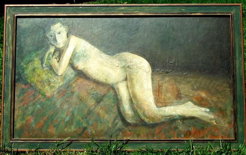 Mysterious and well crafted reclining figure, oil on board, framed, 1040 X 640mm