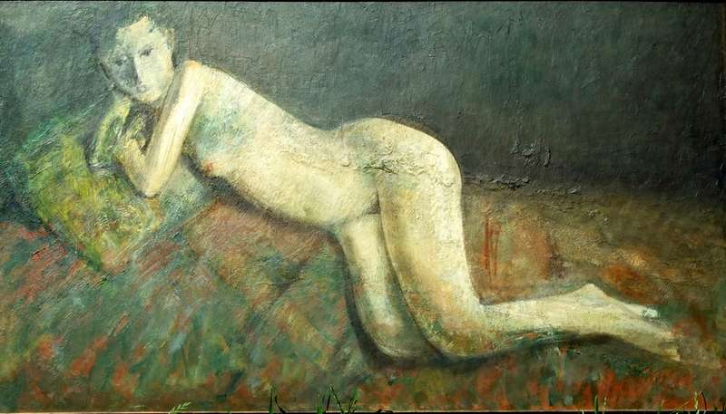 Mysterious and well crafted reclining figure, oil on board, framed, 1040 X 640mm