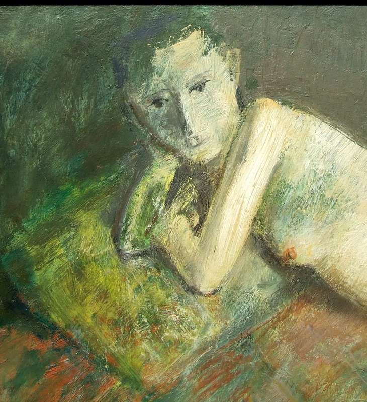 Mysterious and well crafted reclining figure, oil on board, framed, 1040 X 640mm