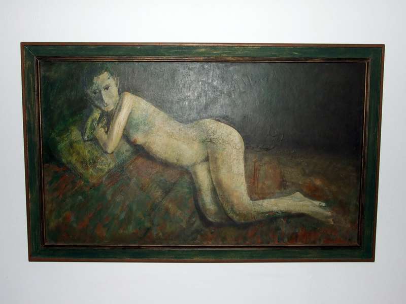 Mysterious and well crafted reclining figure, oil on board, framed, 1040 X 640mm