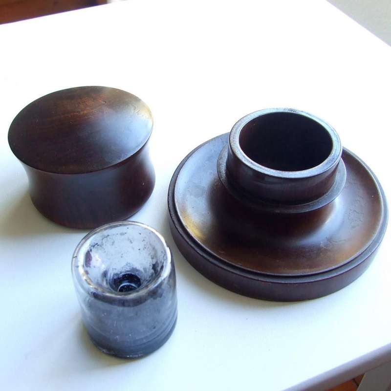 Antique turned wood and glass inkwell