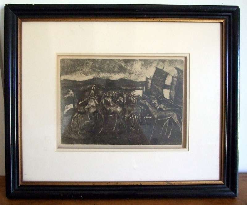 Drypoint by VALERIO PISANO  titled NORACE DONA I CAVALLI (Norace donates the Horses)