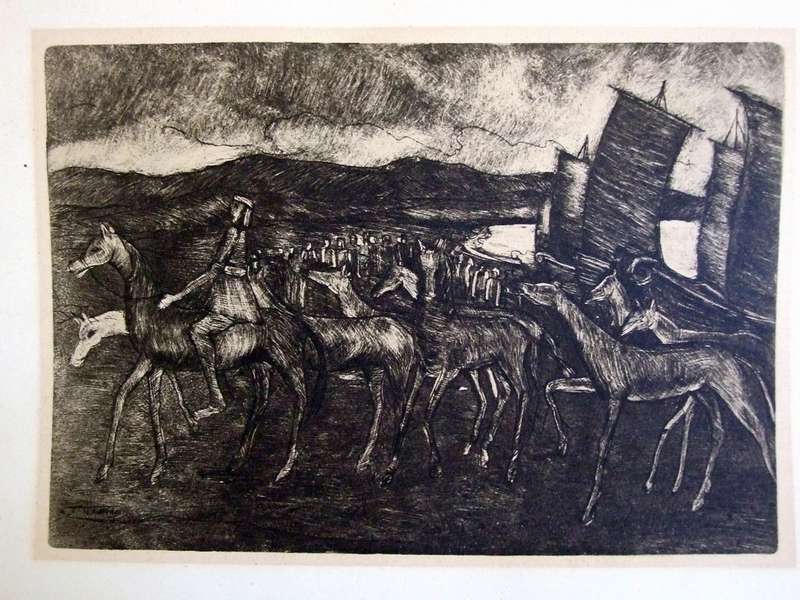 Drypoint by VALERIO PISANO  titled NORACE DONA I CAVALLI (Norace donates the Horses)