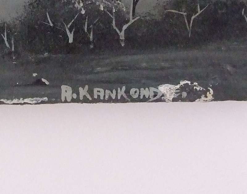 Vintage black and white landscape oil painting by Northern Rhodesian Artist A. Kankonde