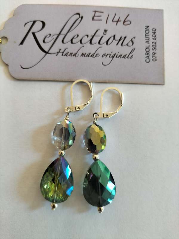 Sterling Silver huggies w double blue/green crystal drops. E146