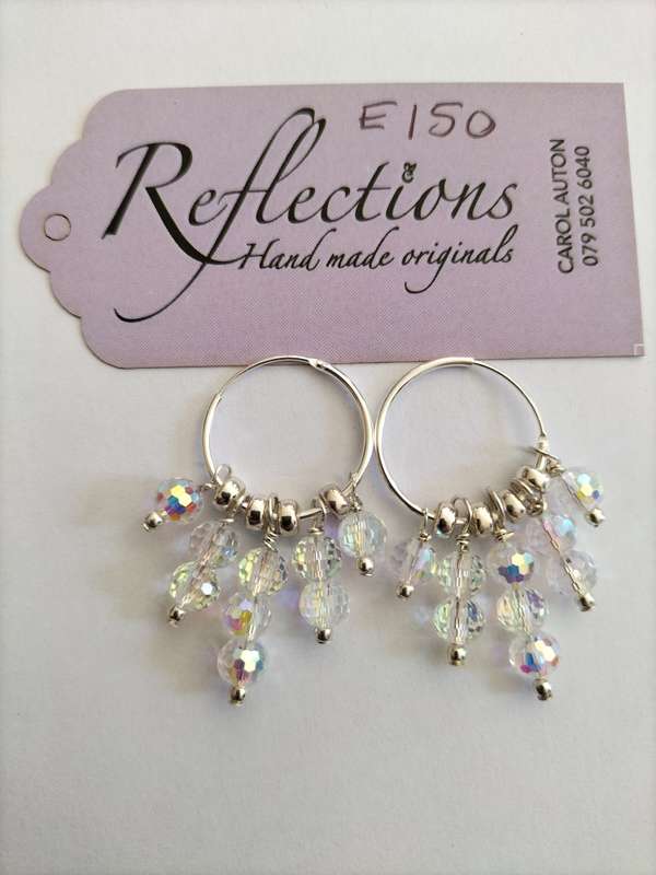 Sterling Silver 20mm hoops with 5-tier crystal bead drops. E150